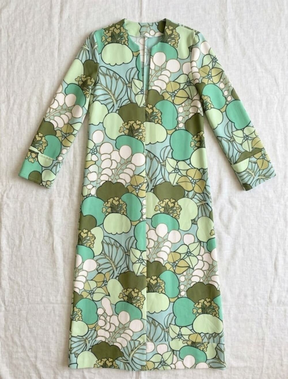 Zara Green Mod Floral Kaftan Maxi Dress Retro 70s Long Sleeve Tunic Size XS